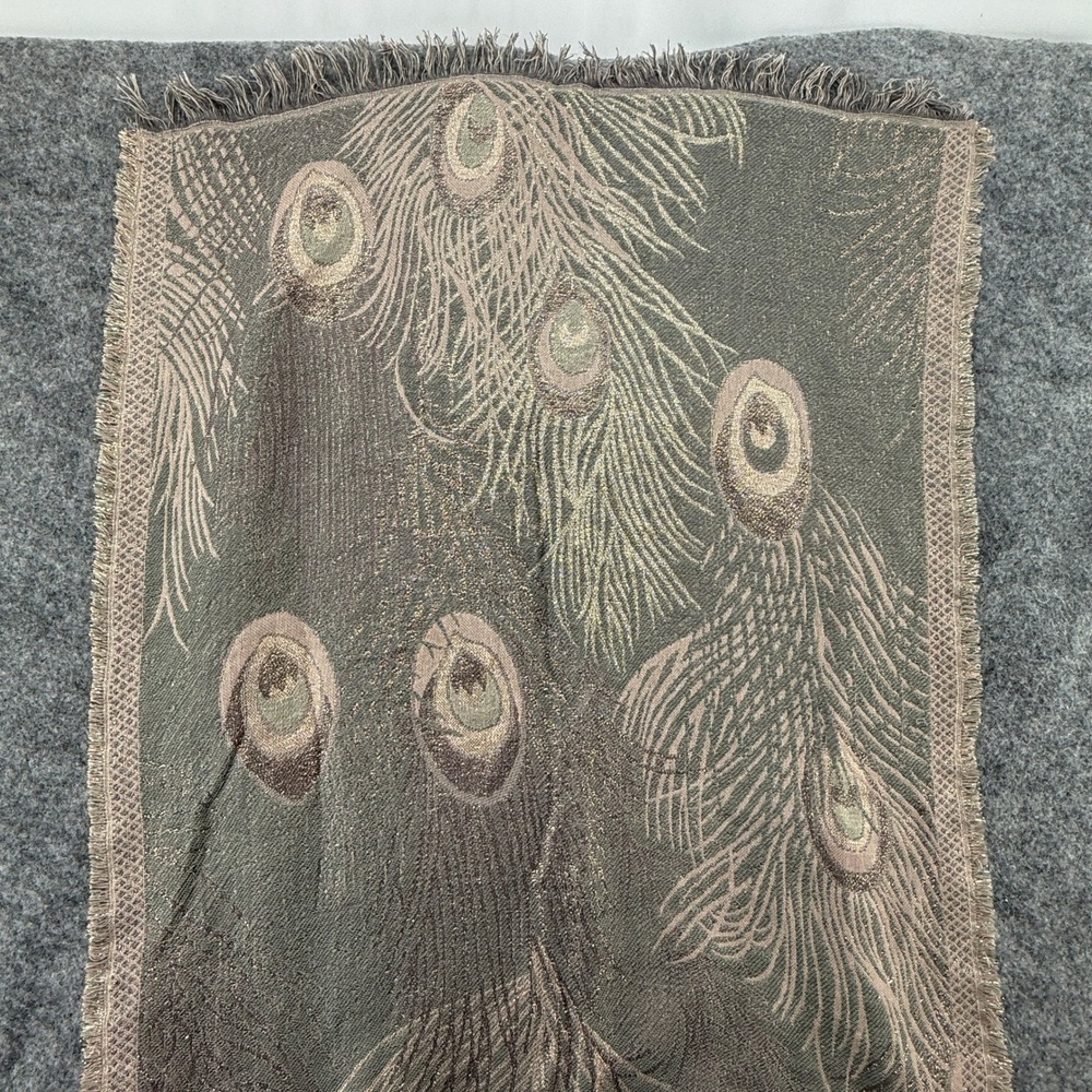 Vince Camuto Scarf Womens OS Grey Gold Peacock Feather Metallic Shimmer Frayed - Picture 3 of 10
